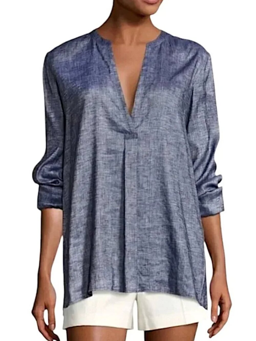 THEORY Ofeliah Linen Blend Tunic Top Tierra Wash V-Neck Split Back